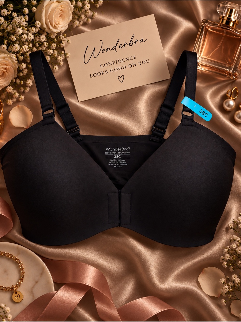 NWT WonderBra 38C Black Front Closure Smooth Cup lined Bra